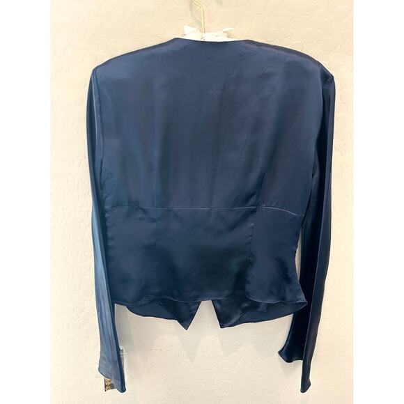 🆕 DONNA RICCO | Petite Dark Blue Silk Corset Fitted Long Sleeve Blouse | 10 - Picture 5 of 7